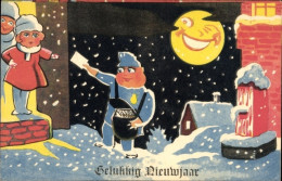 CPA Glückwunsch Neujahr, Postbote überreicht Einen Brief, Schneefall, Lachender Mond - New Year