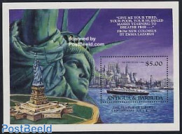 Antigua & Barbuda 1985 Statue Of Liberty S/s, Mint NH, Transport - Ships And Boats - Art - Sculpture - Bateaux