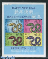 Penrhyn 2013 Year Of The Snake 4v M/s, Mint NH, Nature - Various - Snakes - New Year - New Year