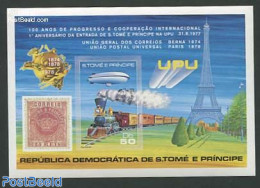 Sao Tome/Principe 1978 UPU Centenary S/s, Imperforated, Mint NH, Transport - Stamps On Stamps - U.P.U. - Railways - Ze.. - Briefmarken Auf Briefmarken