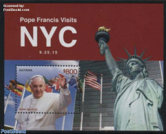 Guyana 2015 Pope Francis Visits NYC S/s, Mint NH, History - Religion - Flags - United Nations - Pope - Pausen
