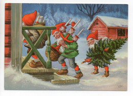 MODERN Christmas Postcard - LARS CARLSSON - SWEDEN - GNOMES / ZWERGE / LUTINS - Used 1985 - Sonstige & Ohne Zuordnung