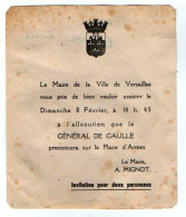 VP23.135 - Carte D'Invitation - Ville De VERSAILLES, Le Maire A. MIGNOT - Allocution Du Général DE GAULLE .... - Historische Dokumente