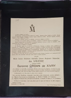 DAME MARIE DE VRIÈRE , BARONNE ORBAN DE XIVRY / CHATEAU DE ZELLAER BONHEYDEN 1934 - Todesanzeige