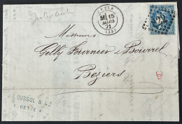 Lettre 46B LGC 822 Cette Hérault (33 J.L. Dussol Vins Spiritueux) Indice 1 à Béziers 15.03.1871 France – 9bleu - 1849-1876: Classic Period