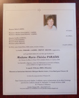 Faire Part Décès / Mme Marie-Thérèse Paradis Née à Estinnes-au-Mont En 1944 , Décédée à Binche En 2008 - Obituary Notices