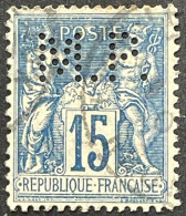 YT 90 Perforé Perfins MP Vve Morin Pons (Lyon) 1877-80 SAGE (II) 15c Bleu France – Amscol3 - 1876-1898 Sage (Type II)