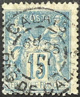 YT 101 Calais Pas-de-Calais  25.?.93 Indice 2 1892 SAGE 15c Bleu Papier Quadrillé France – Face - 1876-1898 Sage (Type II)