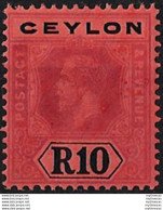 1912 Ceylon Giorgio V 10r Purple And Black/red MNH SG N. 318 - Other & Unclassified