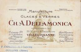 Carte Visite Commerciale Manufacture De GLACES & VERRES CH. A. DELLAMONICA 35, Rue Du 4 Septembre VILLEURBANNE - Visitekaartjes