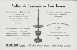 Carte Visite Commerciale Atelier De Tournage En Tous Genres GRAPELOUP Louis 43, Rue Denis Papin ROANNE (LOIRE) - Visiting Cards