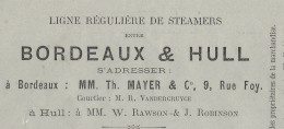 1893 NAVIGATION CONNAISSEMENT Ligne Régulière Steamers Bordeaux & Hull (Angleterre)  De Bordeaux Pour Hull Angleterre - 1900 – 1949