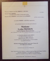 Faire Part Décès / Mme Lydia Primon , Vve Marcel Lecocq Née à Vallonara En 1924 , Décédée à Morlanwelz En 2005 - Obituary Notices