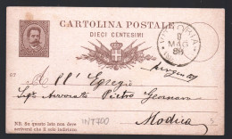 VITTORIA (RAGUSA) - CARTOLINA POSTALE SPEDITA NEL 1888 A MODICA (INT700) - Entiers Postaux