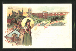 Lithographie Mylau I. V., Kaiser-Schloss Im Abendrot, Viadukt  - Mylau