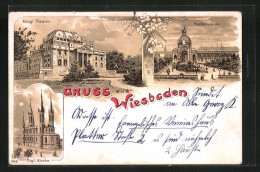 Lithographie Wiesbaden, Königl. Theater, Kochbrunnen  - Theater