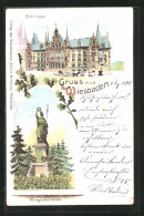 Lithographie Wiesbaden, Rathhaus, Kriegerdenkmal  - Wiesbaden