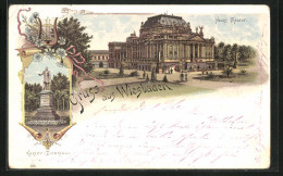 Lithographie Wiesbaden, Neues Theater Und Kaiser-Denkmal  - Théâtre