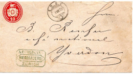 79682 - Schweiz - 1873 - 10Rp GAU (o Red, Klappe Mgl) ENGE -> ZUERICH -> Yverdon - Lettres & Documents