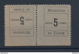 1918 Municipio Di Udine , 5 Cent Nero Su Carta Verde Azzurra, Tete-Beche - Orizz - Autres & Non Classés