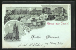 Mondschein-Lithographie Kassel, Friedrich-Wilhelmsplatz Mit Löwenbrunnen, Post Am Königsplatz  - Kassel