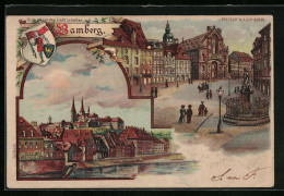 Lithographie Bamberg, Strassenpartie Mit Denkmal, Panorama, Halt Gegen Das Licht: Abendstimmung  - Bamberg