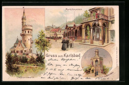 Lithographie Karlsbad, Marktbrunnen, Stephaniewarte, Franz-Joseph-Höhe  - Tchéquie