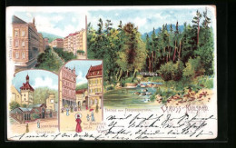 Lithographie Karlsbad, Marktbrunnen, Kolonnade, Parkstrasse  - Tschechische Republik