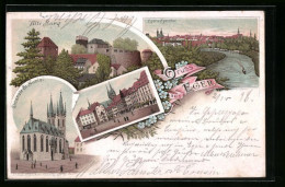 Lithographie Eger, Alte Burg, Decanale St. Nicolai, Marktplatz, Panorama Mit Dampfer  - Tchéquie