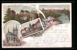 Lithographie Eger, Alte Burg, Decanale St. Nicolai, Marktplatz, Panorama Mit Dampfer  - Tschechische Republik