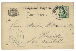 EP E.P. Entier Postale Ganzsache Deutschland Konigreich Bayern Obergünzburg 1898 Kempten Schwaben Postkarte 5 Pfennig - Postal  Stationery