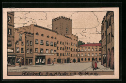 Steindruck-AK Mühldorf, Hautpstrasse Mit Geschäft Und Stadtturm  - Other & Unclassified