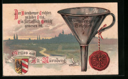 Lithographie Nürnberg, Nürnberger Trichter Mit Stadtsiegel Und -wappen  - Nürnberg