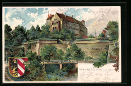 Lithographie Nürnberg, Burg Von Westen Und Stadtwappen  - Nürnberg