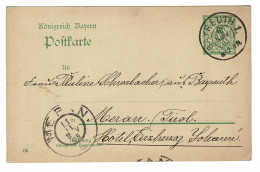 EP E.P. Entier Postale Ganzsache Deutschland Konigreich Bayern Bayreuth Bavaria Meran Tirol Hotel Erzherzog Johann - Postal  Stationery