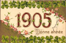 Gaufré Lithographie Glückwunsch Neujahr 1905, Glücksklee, Blumen - Neujahr