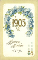 Gaufré Lithographie Glückwunsch Neujahr, Jahreszahl 1905, Hufeisen Aus Vergissmeinnicht - Neujahr