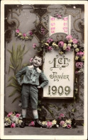 CPA Glückwunsch Neujahr 1909, Junge, Rosen, Kalender - Nouvel An