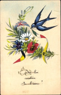Handgemalt CPA Schwalbe, Blumen In Französischen Landesfarben, Belgien, Italien, Großbritannien - Other & Unclassified