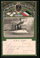 Lithographie Kriegsschiff S.M.S. Nymphe Auf Hoher See, Dampfer, Wappen  - Krieg