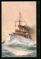 Künstler-AK Ostasiengeschwader, Kriegsschiff S.M.S. Fürst Bismarck, Dampfer  - China