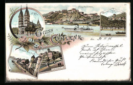 Lithographie Coblenz, Festung Ehrenbreitstein, St. Castor-Kirche, Fort Constantin  - Autres & Non Classés