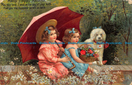 R164974 Greetings. Many Happy Returns. Two Little Girls And Dog. Coloured Enamel - World