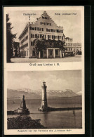 AK Lindau I. B., Hotel Lindauer Hof Mit Aussicht Von Der Terrasse Auf Die Hafeneinfahrt Und Den Bodensee  - Lindau A. Bodensee