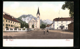 Cartolina St. Vigil, Platz Mit Gasthaus Zur Post Stern Und Kirche  - Autres & Non Classés
