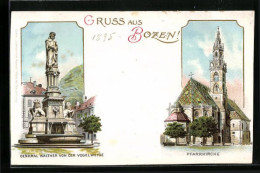 Lithographie Bozen, Denkmal Walther Von Der Vogelweide, Pfarrkirche  - Bolzano (Bozen)