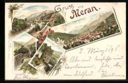 Lithographie Meran, Gilfanlage, Totalansicht, Zenoburg, Schloss Tirol  - Autres & Non Classés
