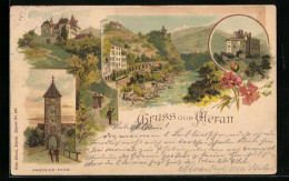 Lithographie Meran, Strassenpartie Am Passeier Tor, Schlossansicht  - Autres & Non Classés