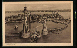 Künstler-AK Lindau I. B., Der Hafen Mit Leuchtturm, Dampfer  - Leuchttürme