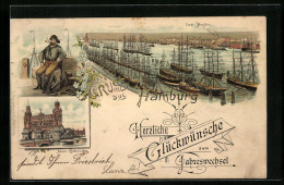 Lithographie Hamburg, Totalansicht Mit Hafenpartie  - Mitte